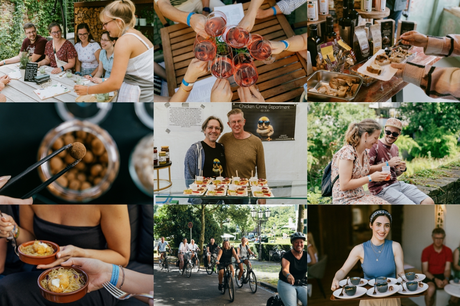 Eine Collage aus Bildern der Kulinarischen Schnitzeljagden 2024. Zu sehen sind diverse Kostproben und glückliche Teilnehmer und Gastronomen.